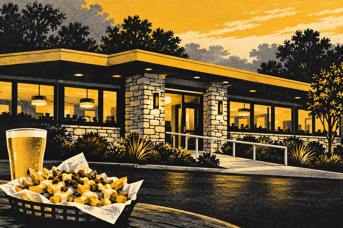 SideStreet illustration of a welcoming stone-accented neighborhood restaurant with loaded fries and a drink, inspired by North Park Lounge McCandless.