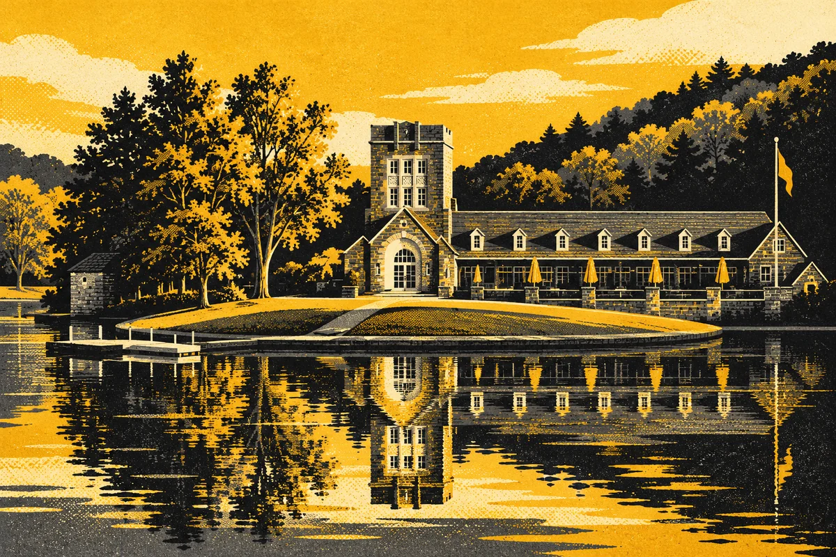 Side Street illustrated interpretation of North Park — North Park's actual long stone boathouse at lake edge, crenellated square tower, arched doorway and row of small roof dormers reflected in calm water.