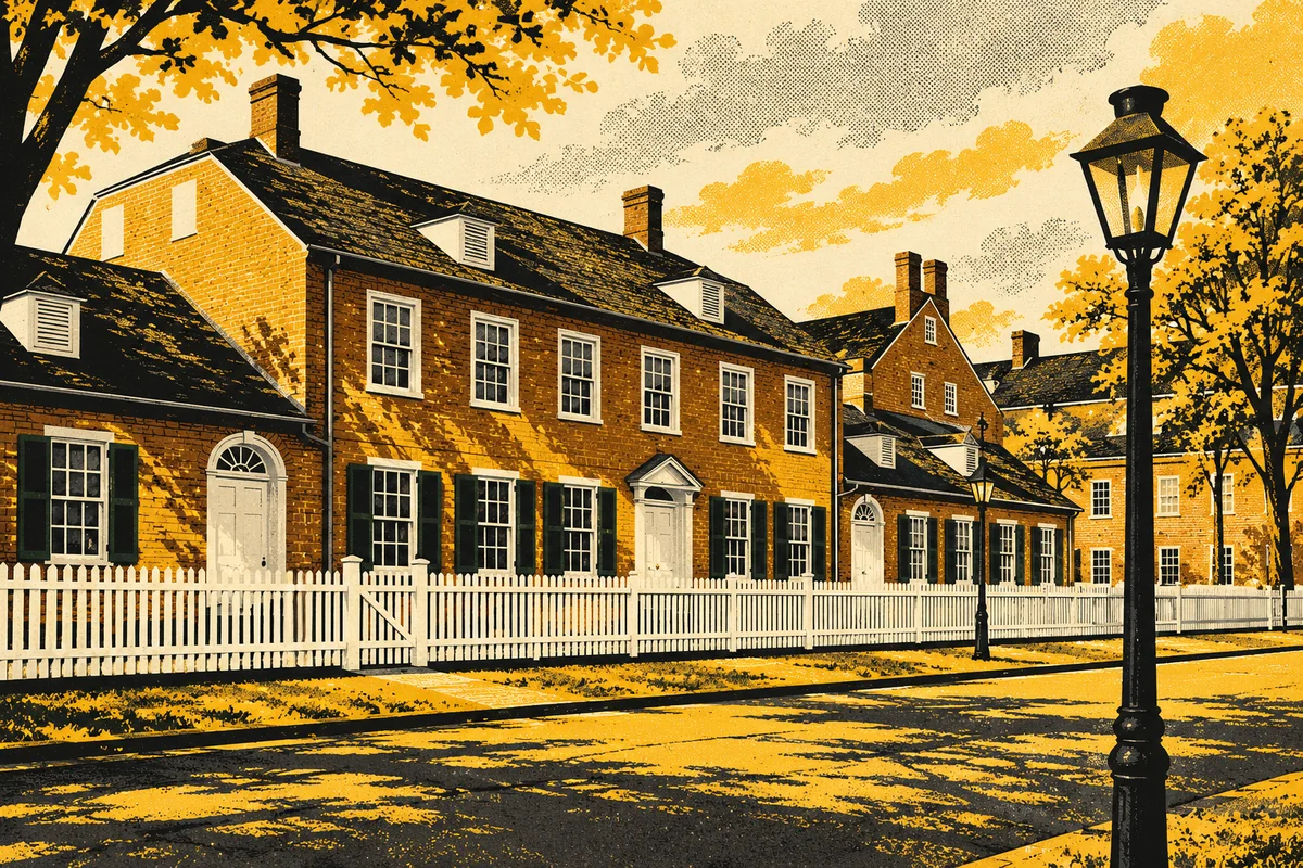 Side Street illustrated interpretation of Old Economy Village — Old Economy Village's row of historic brick houses, dark shutters, white picket fence and black streetlamp.