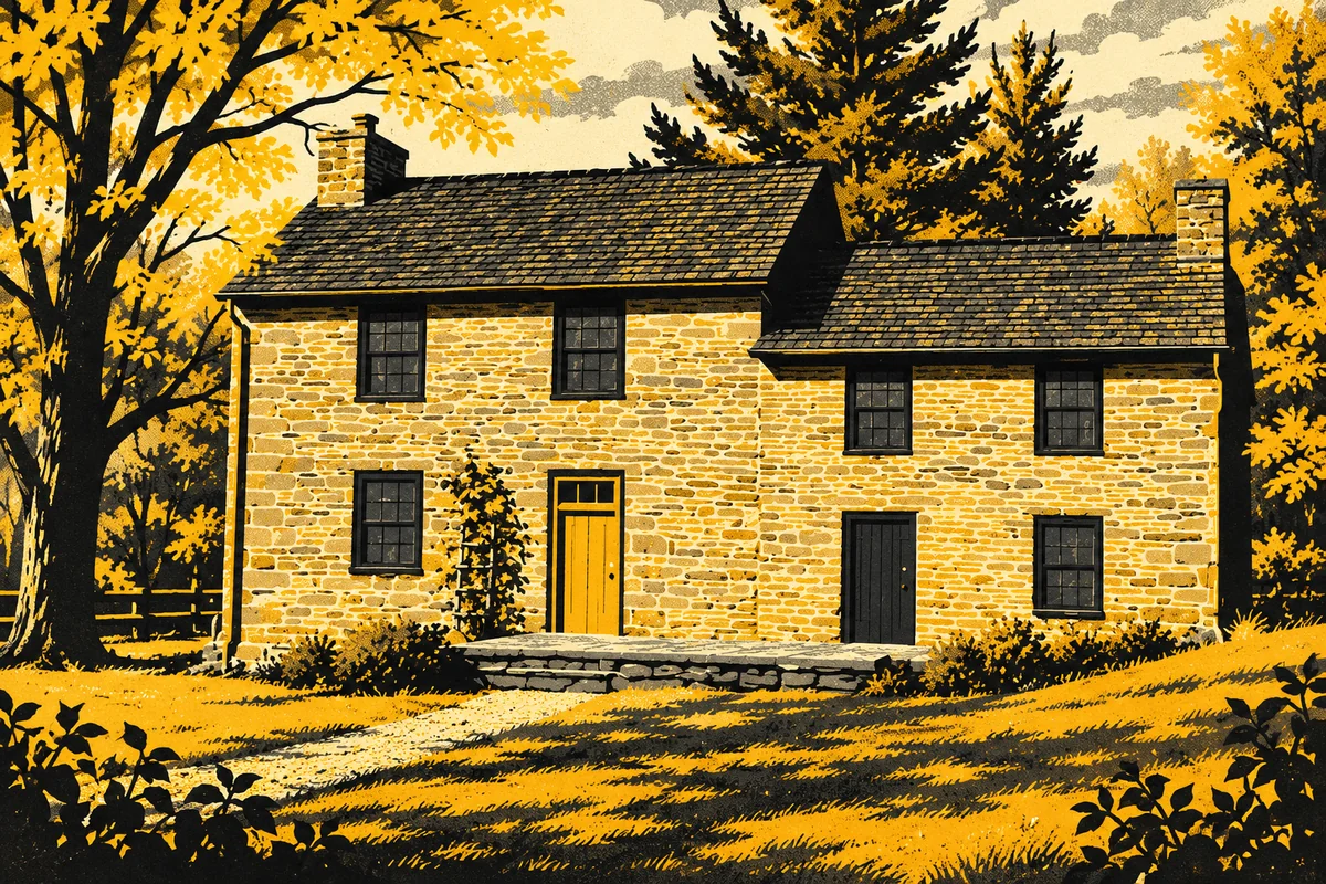 Side Street illustrated interpretation of Oliver Miller Homestead — Oliver Miller Homestead's two-story stone house with steep shingled roof, two chimneys, dark-framed windows and simple doors amid mature trees.