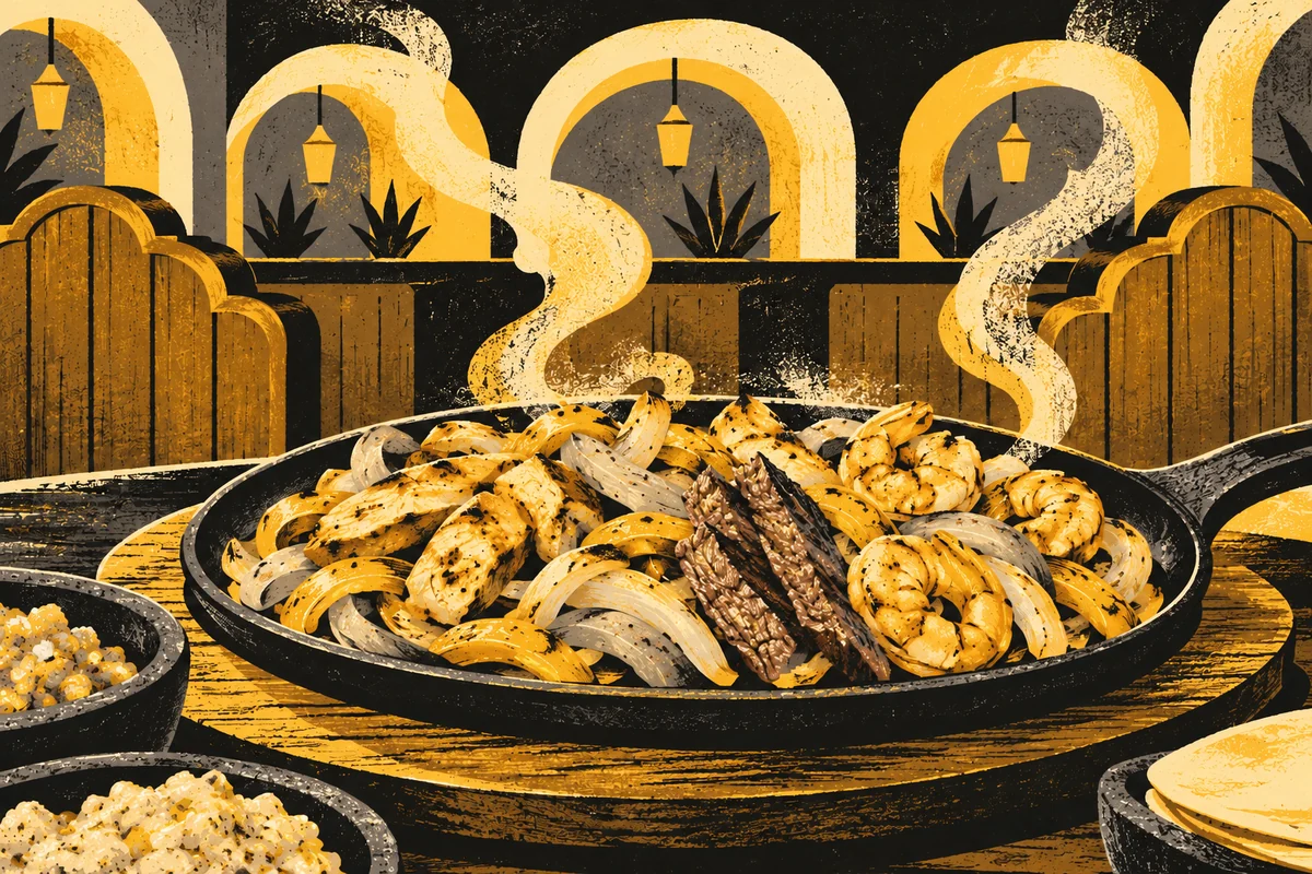 SideStreet illustration of a sizzling fajita skillet, scalloped booths and warm arches inspired by Patron Mexican Grill in Wexford.