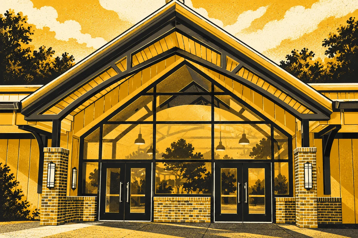 Side Street illustrated interpretation of Pennsylvania Trolley Museum — Pennsylvania Trolley Museum's peaked glass entrance with angled roof trusses and brick supports.