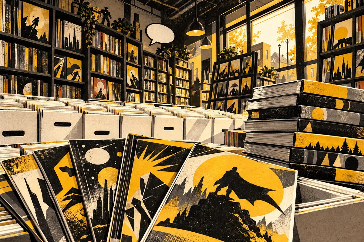 SideStreet interpretation of Pittsburgh Comics with comic bins and graphic novels.