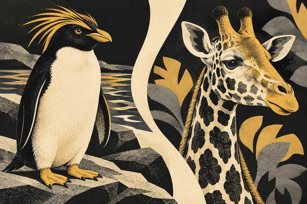 SideStreet illustration of a crested penguin beside water and a giraffe portrait, separated by a curved ivory paper shape.