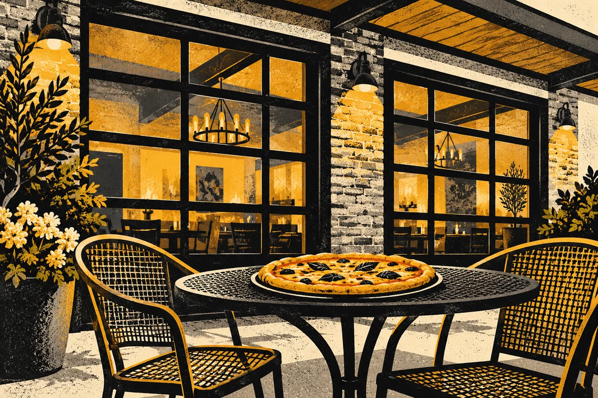SideStreet illustration of a covered Italian restaurant patio with glass doors, brickwork and a pizza, inspired by Pomodoro’s in Wexford.