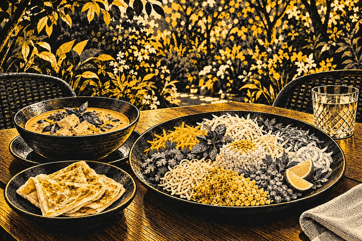 SideStreet illustration of a composed salad, curry and roti on a wood table with a leafy backdrop.
