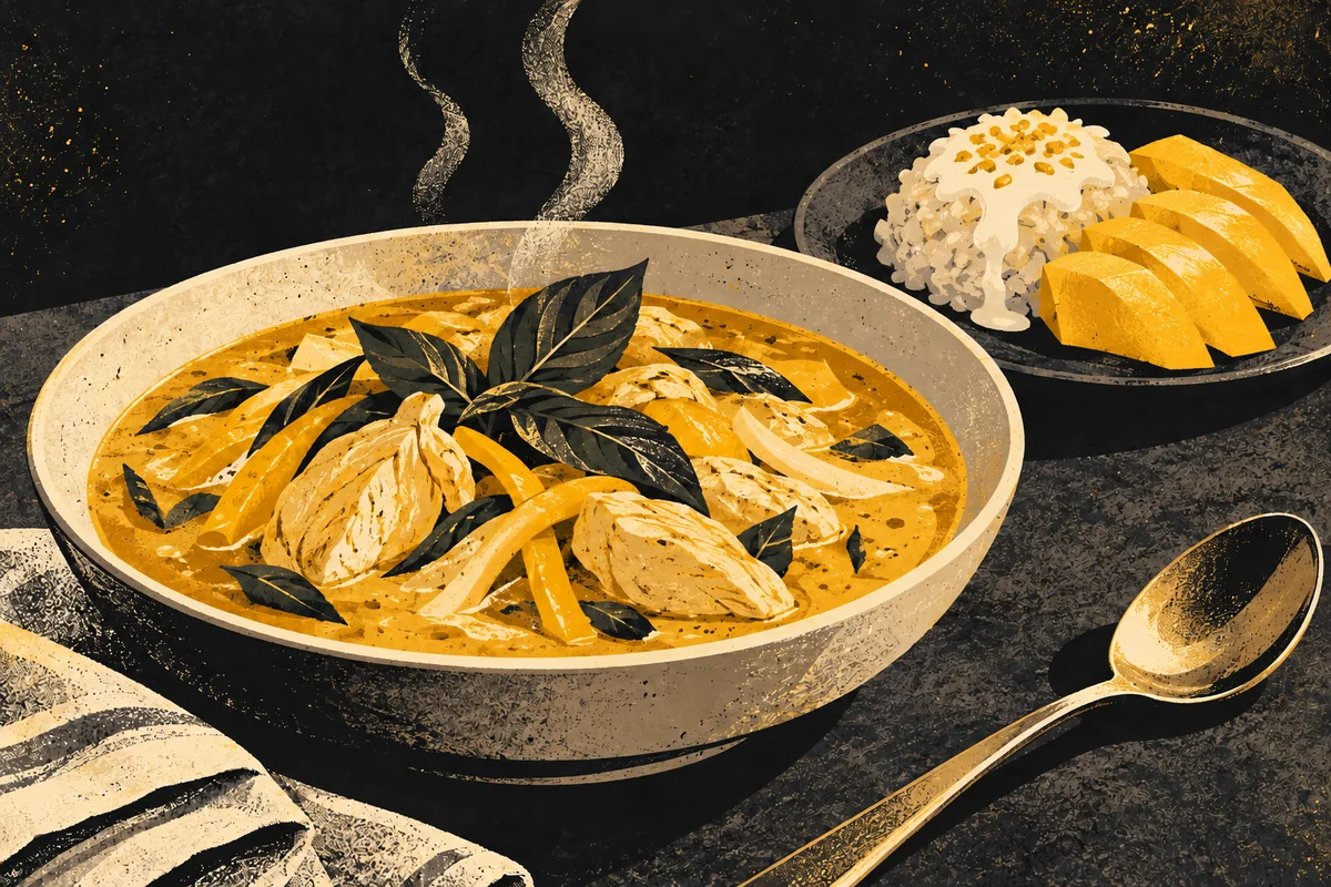 SideStreet illustration of Thai chicken curry with basil and mango sticky rice, inspired by Red Orchid.