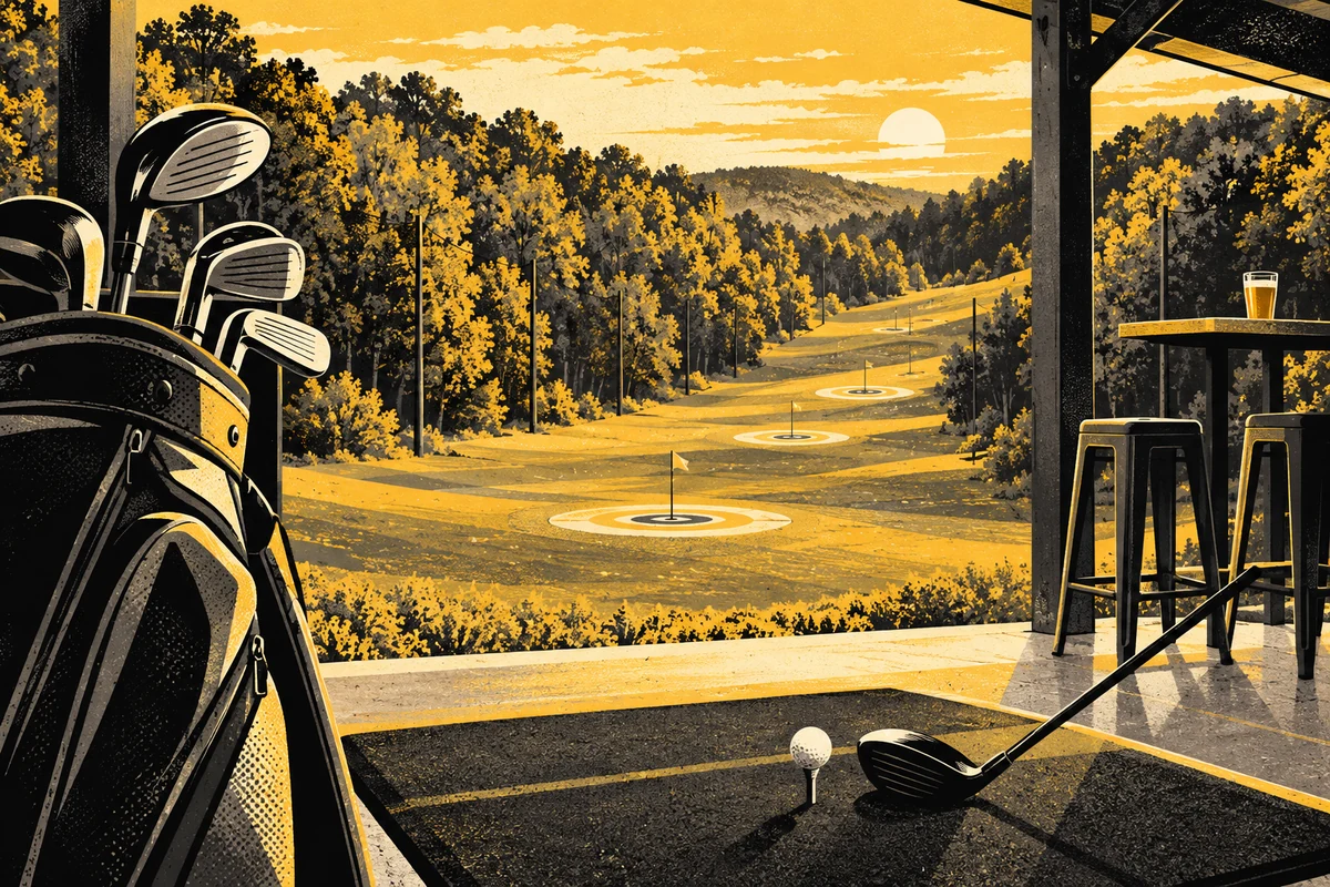 SideStreet illustration of Shooters Golf's sheltered hitting bays and wooded driving range, with clubs and circular targets.