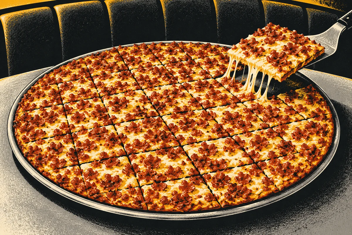SideStreet illustration of Sir Pizza’s signature thin round pizza cut into small squares and topped to the edge.