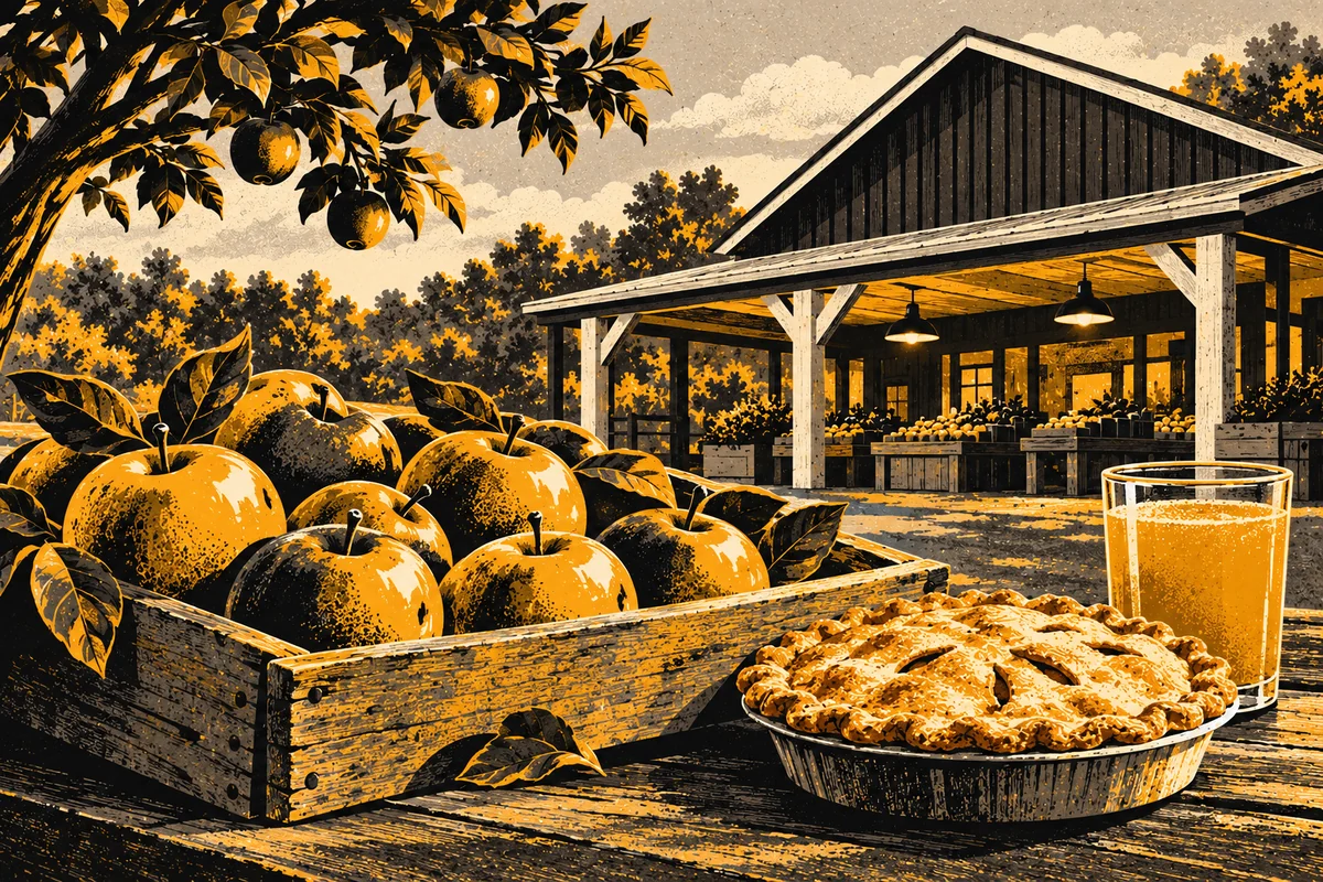 SideStreet illustration of apples, a fruit pie and cider with a simple farm-market porch.
