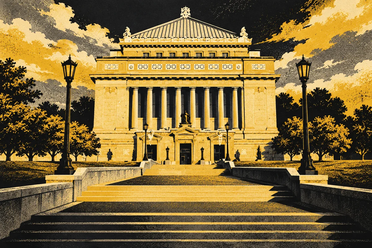 Side Street illustrated interpretation of Soldiers & Sailors Memorial Hall & Museum — Soldiers and Sailors Memorial Hall's monumental classical stone facade, tall colonnade, broad entrance steps and symmetrical approach.