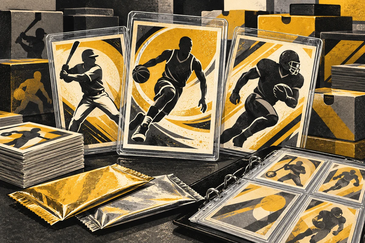 SideStreet illustration of sports trading cards in protective holders, plain packs and a card binder.