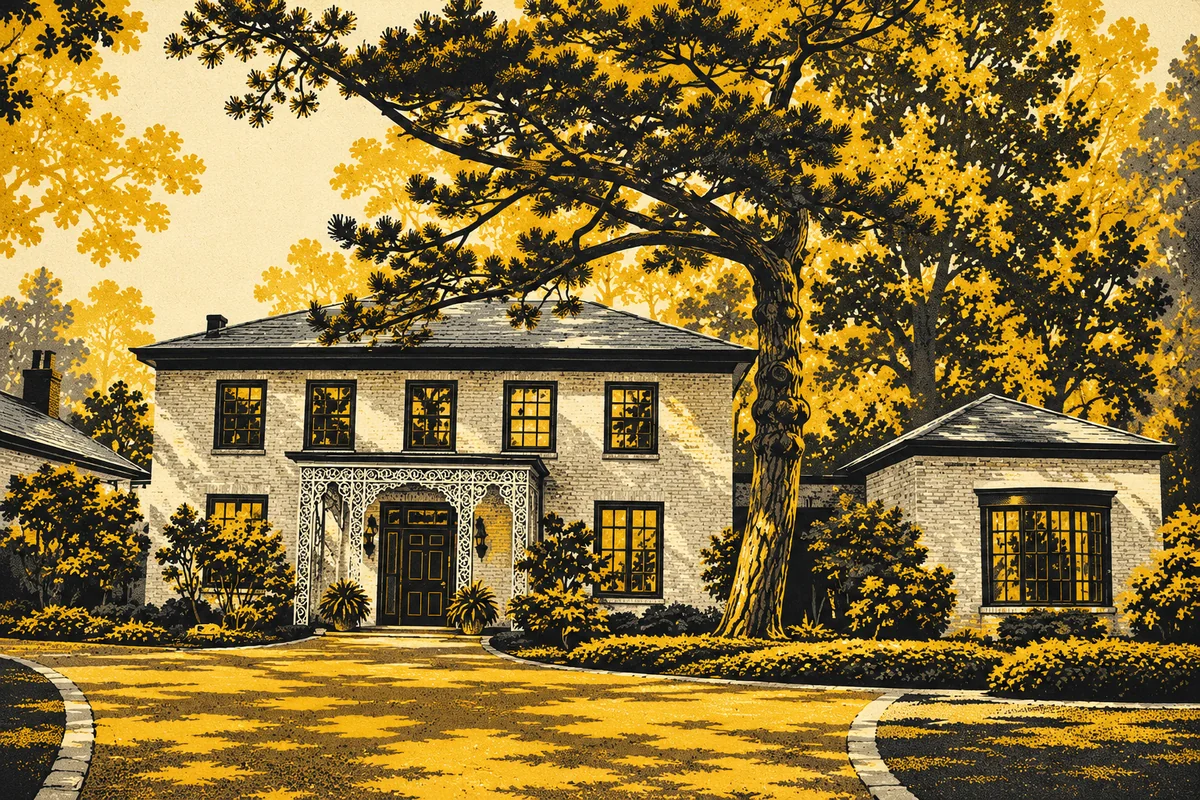 Side Street illustrated interpretation of Succop Nature Park — Succop Nature Park's pale brick historic house with dark hipped roof, ornamental metal porch canopy and large pine tree in front.