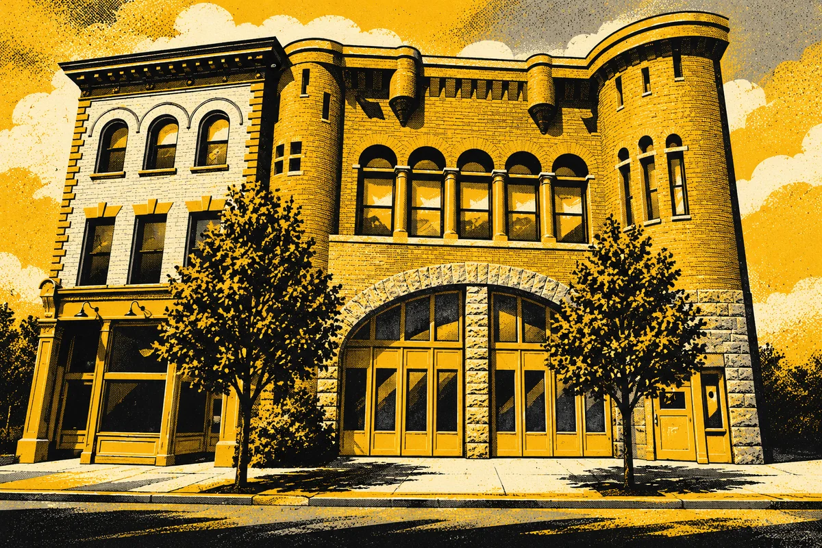 Side Street illustrated interpretation of The Clemente Museum — Clemente Museum's historic Engine House 25 brick facade, curved central parapet, arched windows and large arched ground-floor doors.