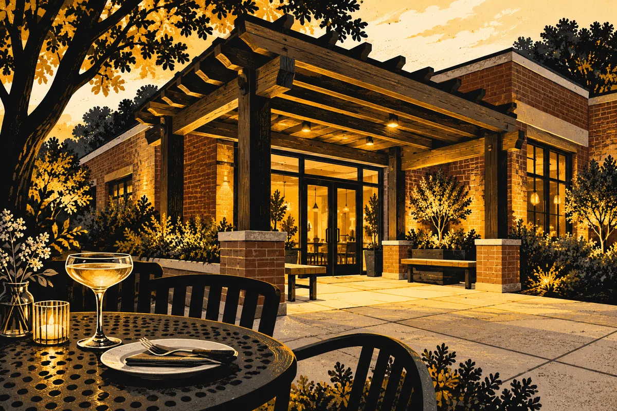 SideStreet illustration of Wexford Public's brick entrance and timber pergola at evening.